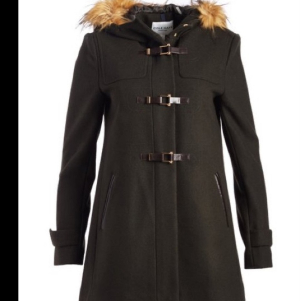 Cole Haan Dark Green Coat with Faux Fur Trim